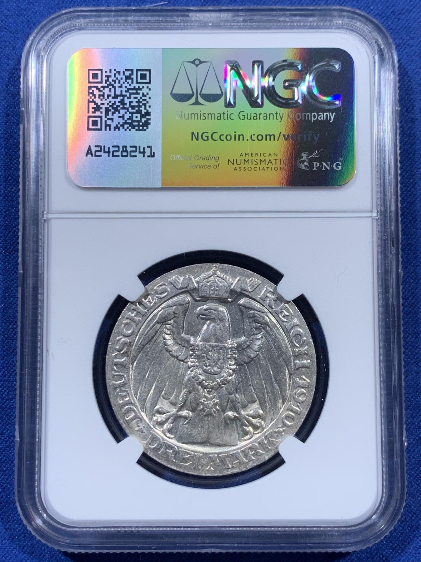 《竞宝斋》第404场 周日，周一，2场连拍 （全场包邮） NGC MS62 德国普鲁士1910年柏林大学纪念3马克银币
