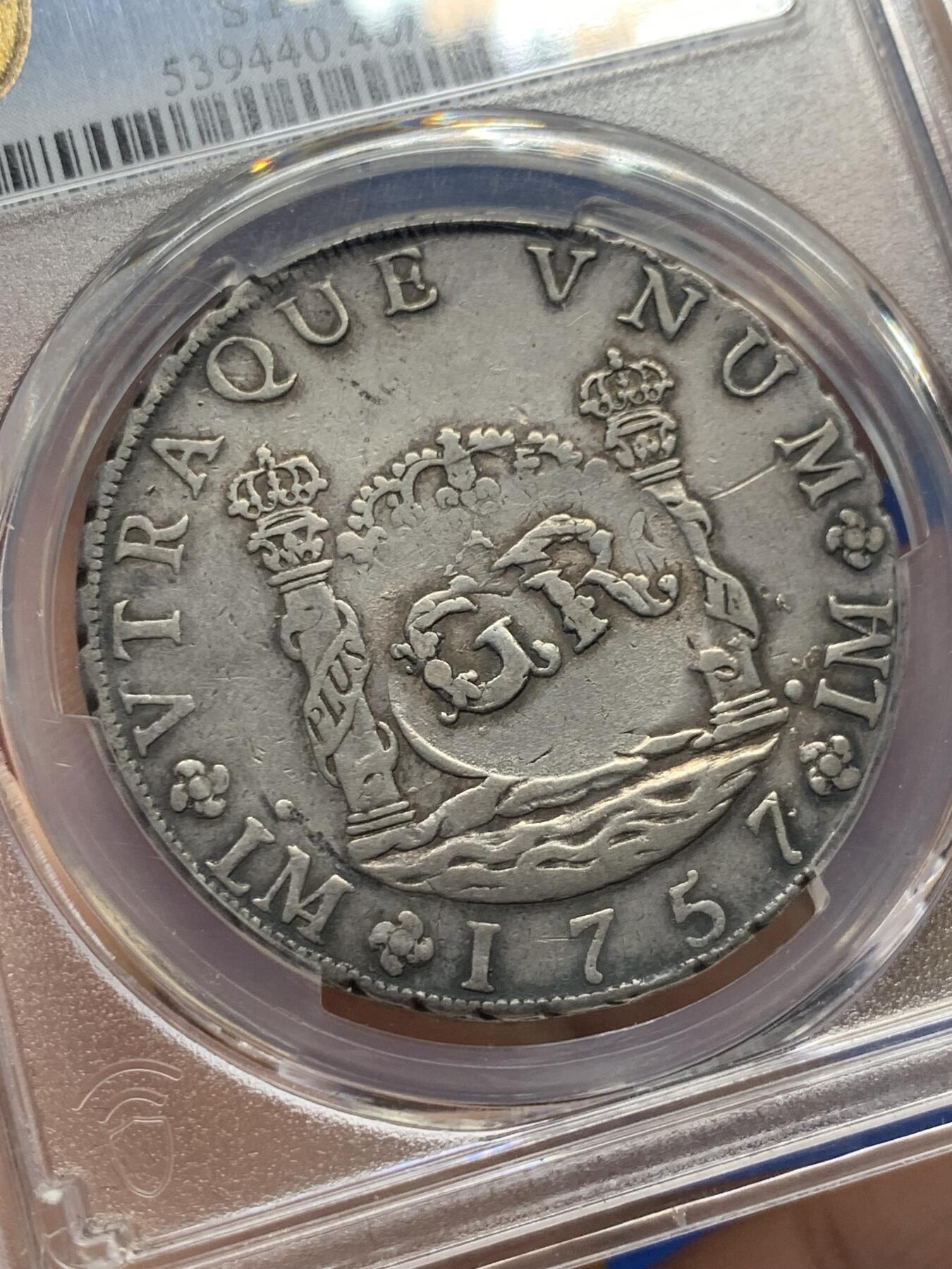 《竞宝斋》第404场 周日，周一，2场连拍 （全场包邮） 亚军分 PCGS XF40 英属牙买加 1758 加盖秘鲁8里亚尔，比加盖墨西哥少几个数量级  打制状态低评严重