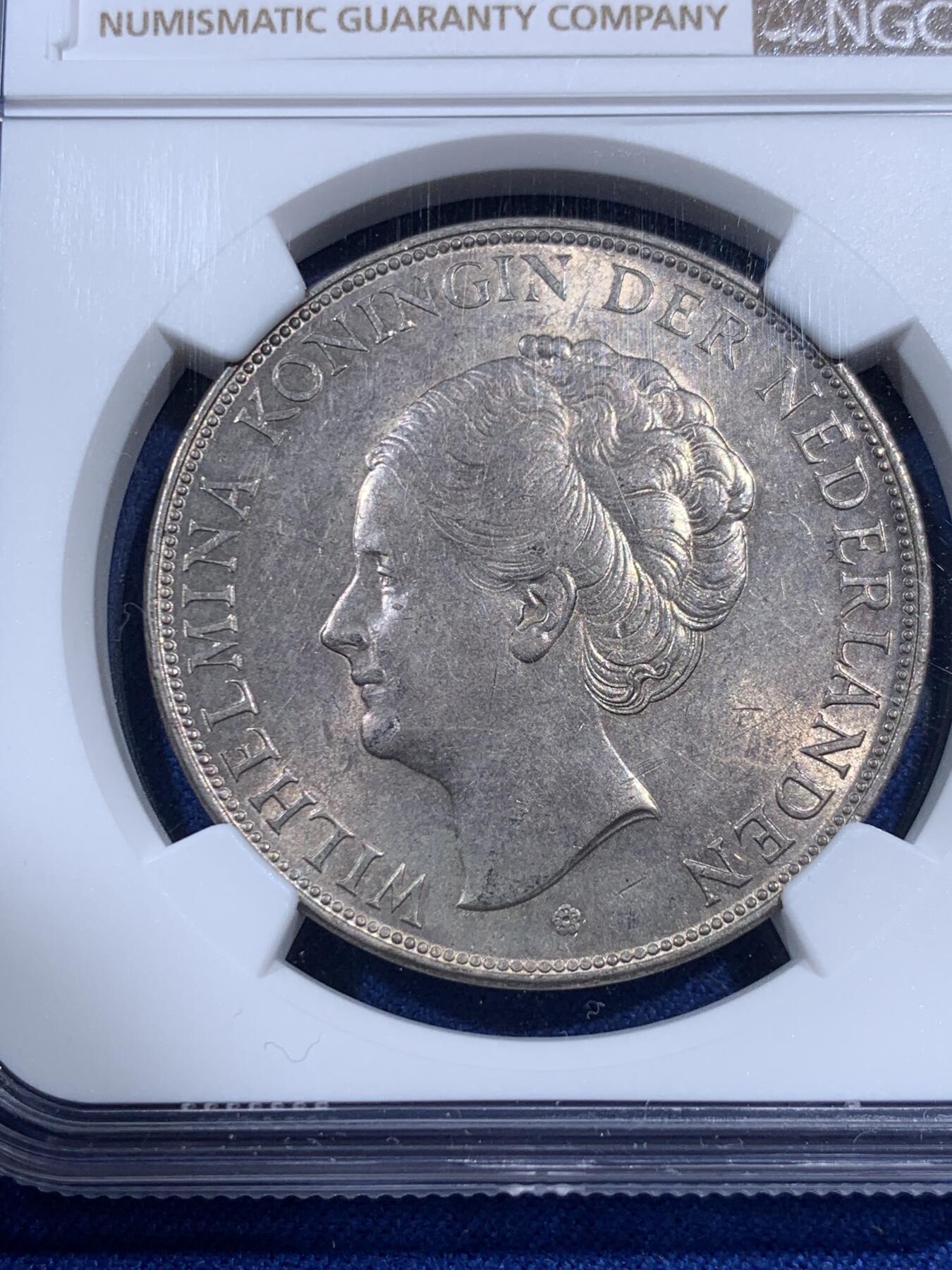 《竞宝斋》第404场 周日，周一，2场连拍 （全场包邮） NGC MS62 荷兰1937年威廉敏娜女王2.5盾大银币