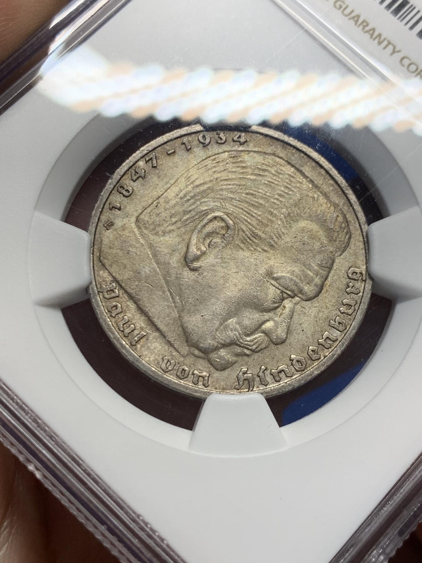 《竞宝斋》第404场 周日，周一，2场连拍 （全场包邮） NGC MS64 德国1936E兴登堡5马克银币，浓厚黄油彩+高分 集大成于一身，错过很难再遇