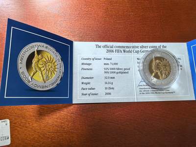 长老汇蛇年精选第二十八场拍卖 2006波兰世界杯10兹罗提镀金精制银币，外圈银，内圈银镀金