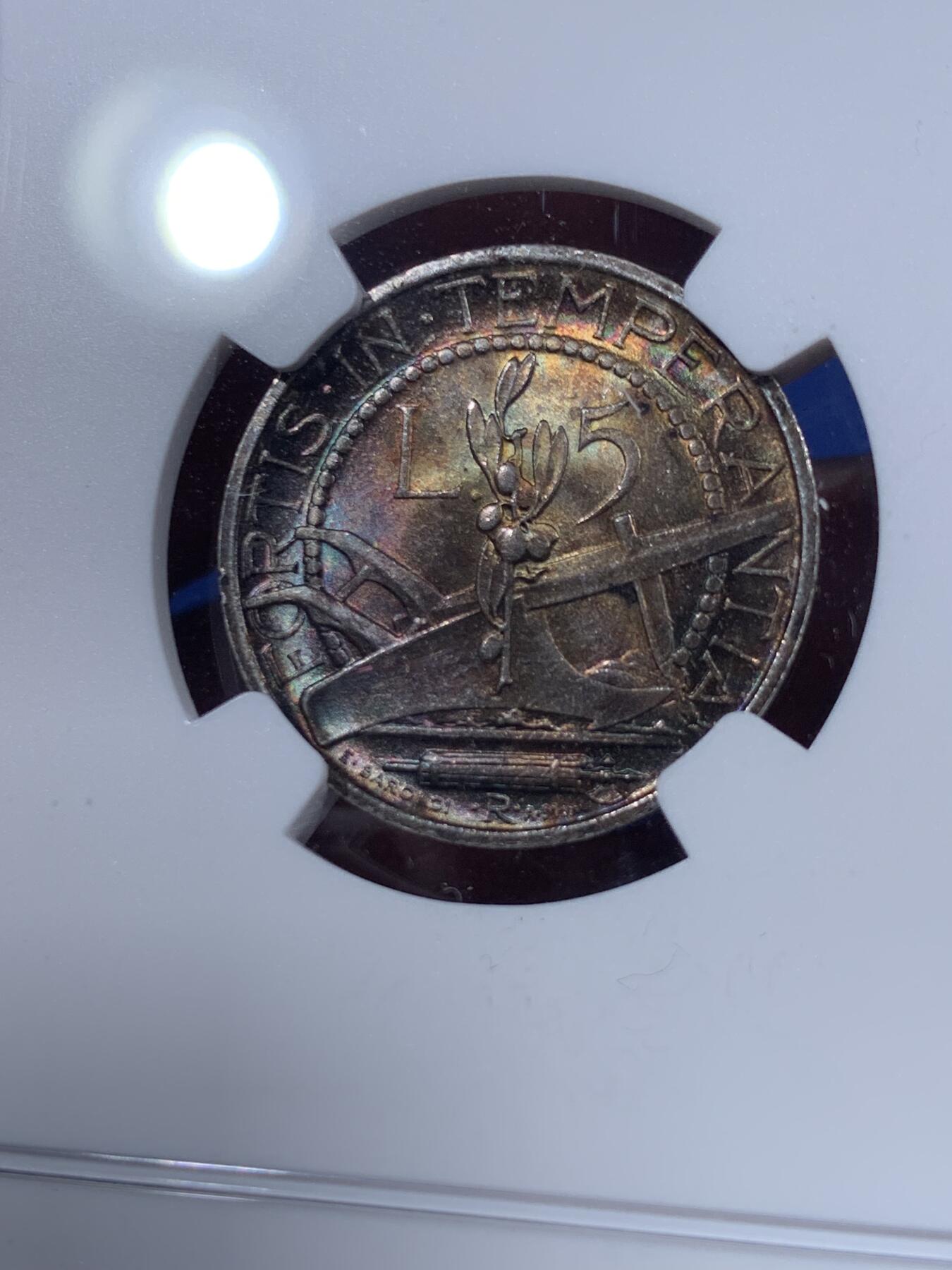 《竞宝斋》第404场 周日，周一，2场连拍 （全场包邮） NGC MS64 圣马力诺1938年女神半身像5里拉银币