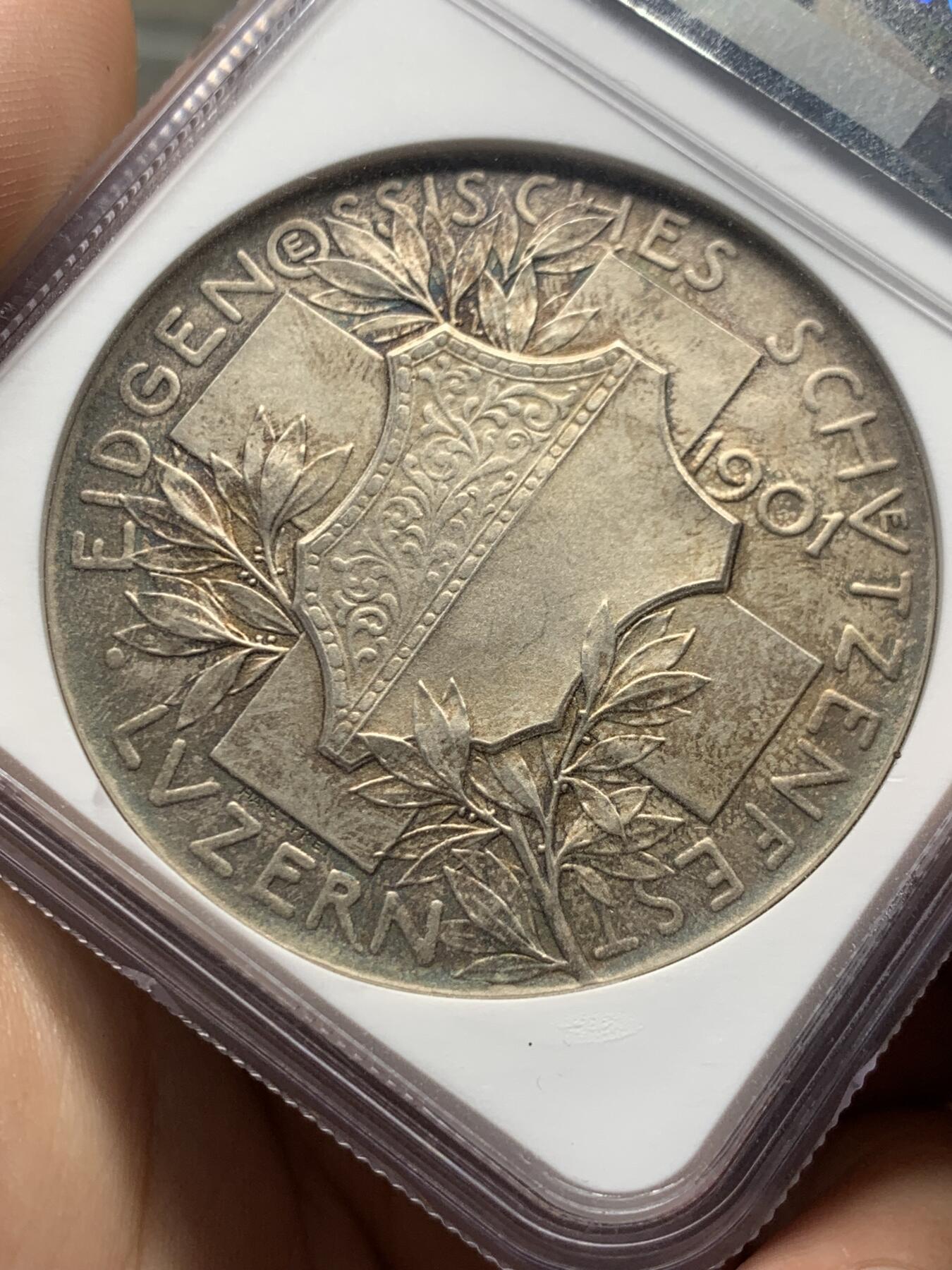 《竞宝斋》第404场 周日，周一，2场连拍 （全场包邮） NGC MS65 瑞士1901卢塞恩射击节银章 45mm 高分