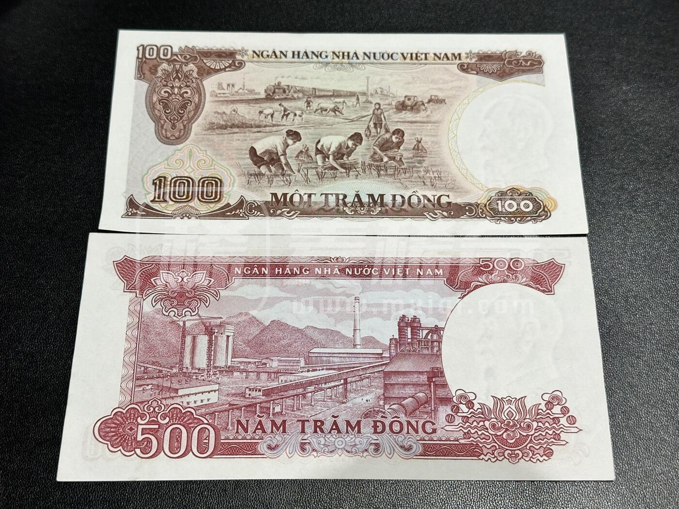 越南1985年100、500盾稀缺靓品纸币2枚一对