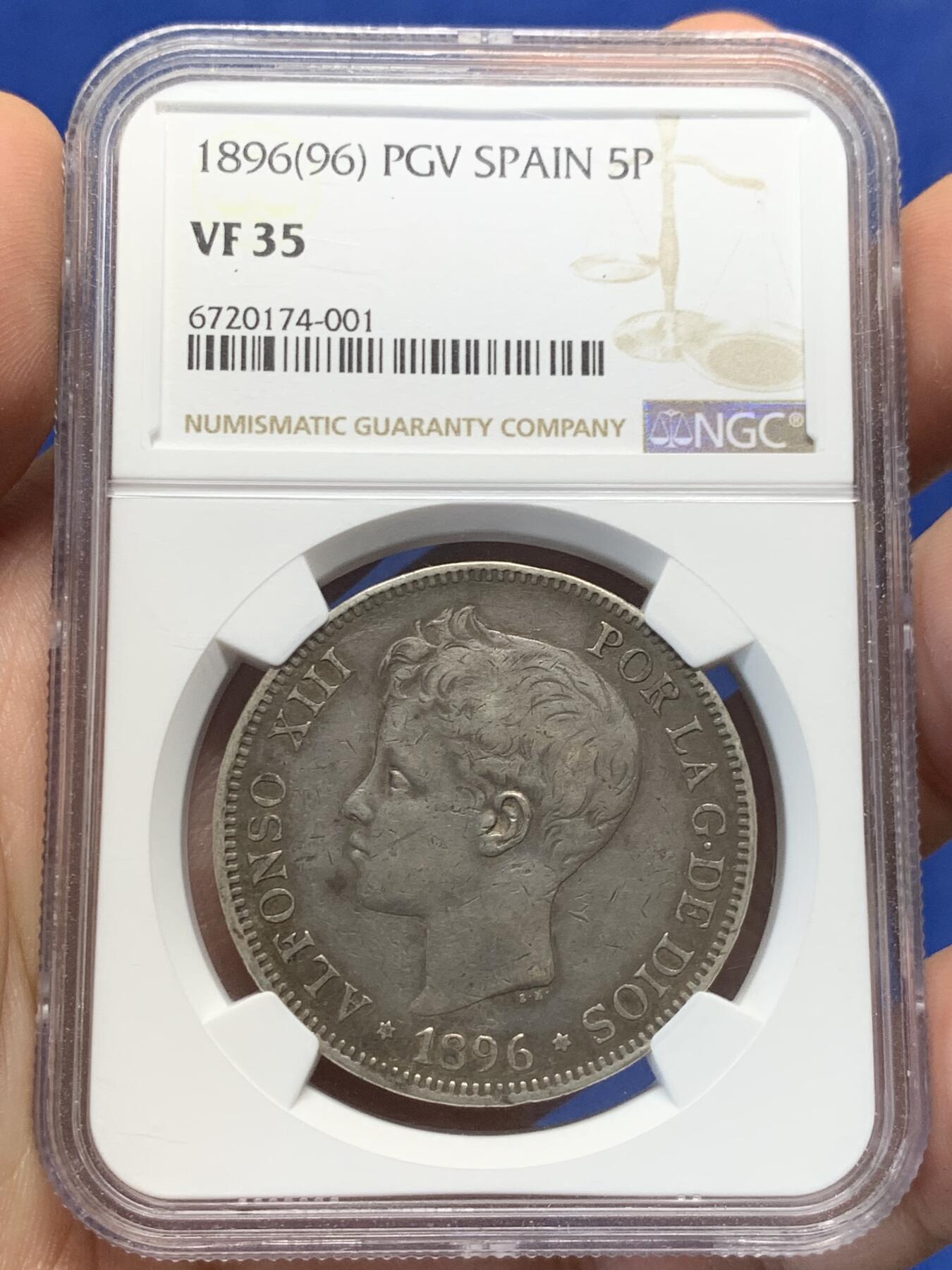 《竞宝斋》第404场 周日，周一，2场连拍 （全场包邮） NGC VF35 西班牙1896年正太头5比赛塔银币 克书XF价格和1898的MS一样 评级量是后者十分之一