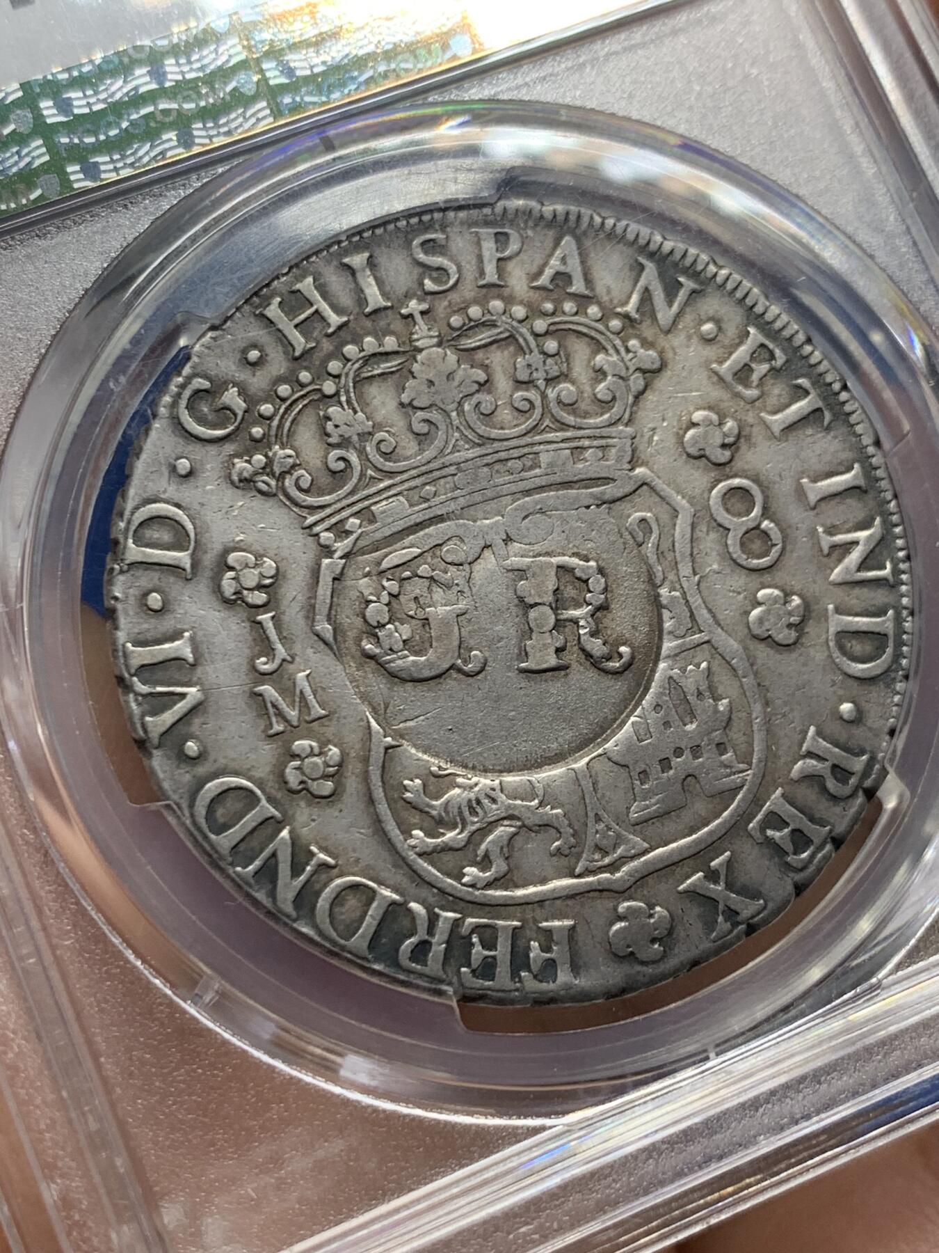 《竞宝斋》第404场 周日，周一，2场连拍 （全场包邮） 亚军分 PCGS XF40 英属牙买加 1758 加盖秘鲁8里亚尔，比加盖墨西哥少几个数量级  打制状态低评严重