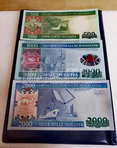 $宁静致远$ 2025年7月亚洲纸币拍卖 - 全新毛里塔尼亚2013、2014、2011年500、1000、2000乌吉亚靓品纸币3枚一组