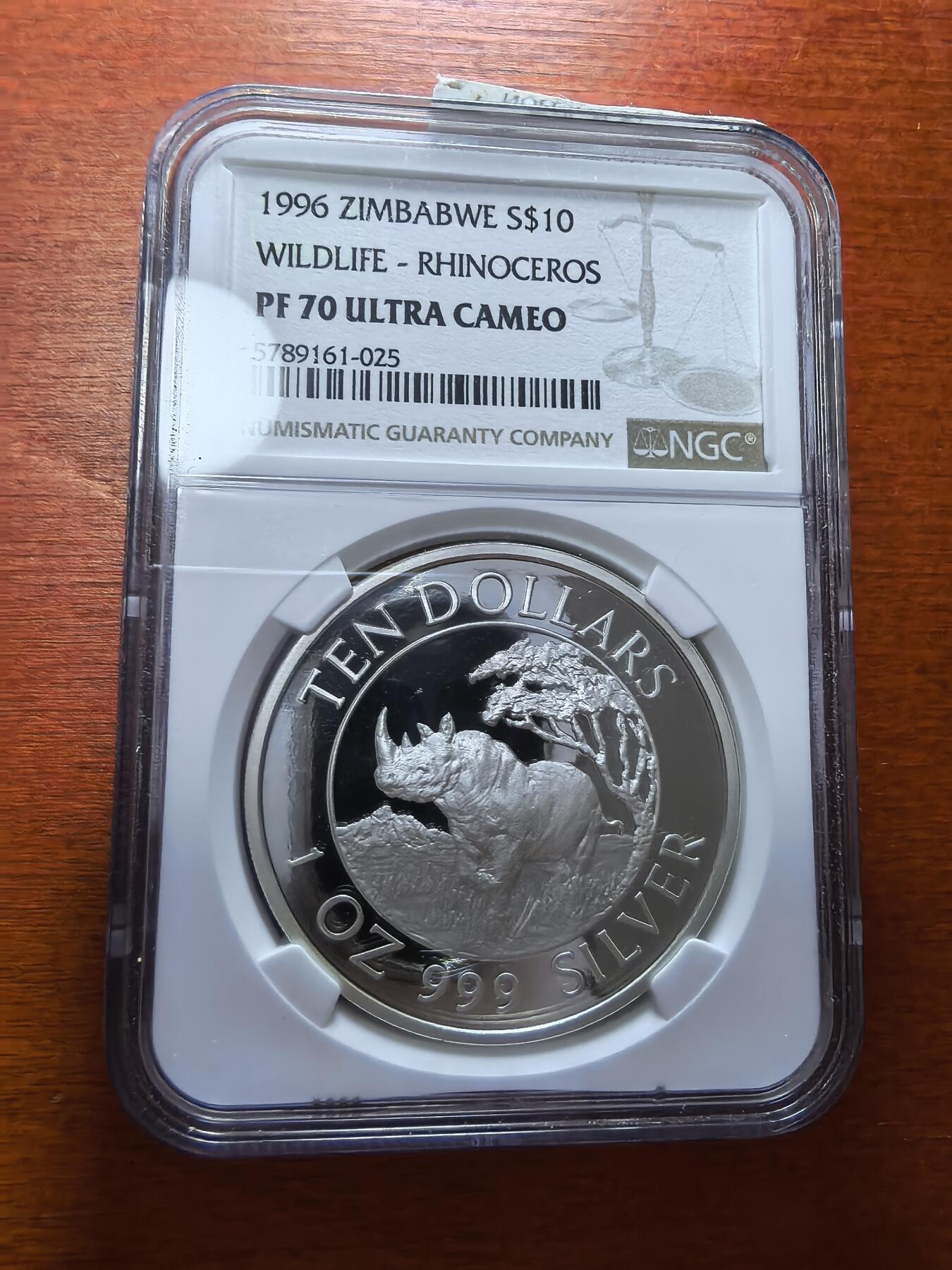 长老汇蛇年精选第二十九场拍卖 1996 津巴布韦犀牛10元精制银币，NGC PF70UC，唯一冠军