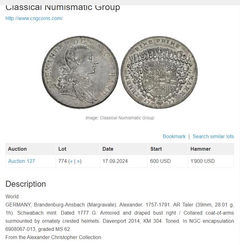《竞宝斋》第404场 周日，周一，2场连拍 （全场包邮） NGC MS62 德国 1777 勃兰登堡-安斯巴赫侯爵领地 亚历山大 泰勒大银币 单一年份 繁复纹章 同分2024成交价 接近1.9W非常难得的一枚