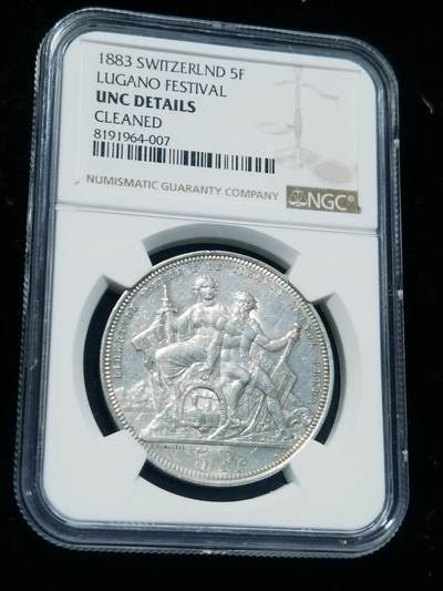 天下钱庄专场欢迎参拍 - NGC UNC 瑞士1883年卢加诺射击节5法郎银币