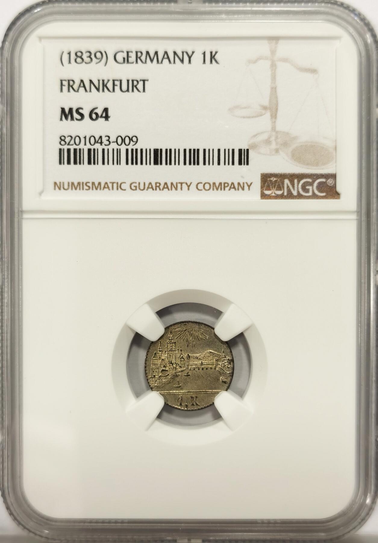 博洋堂德系小专场暨第132期（全场包邮） NGC MS64 德国法兰克福1839年城市景观1克鲁泽银币