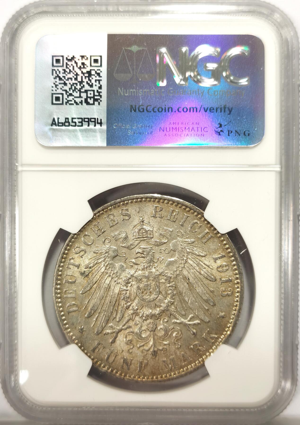博洋堂德系小专场暨第132期（全场包邮） NGC MS62 德国巴伐利亚1913年奥托5马克银币