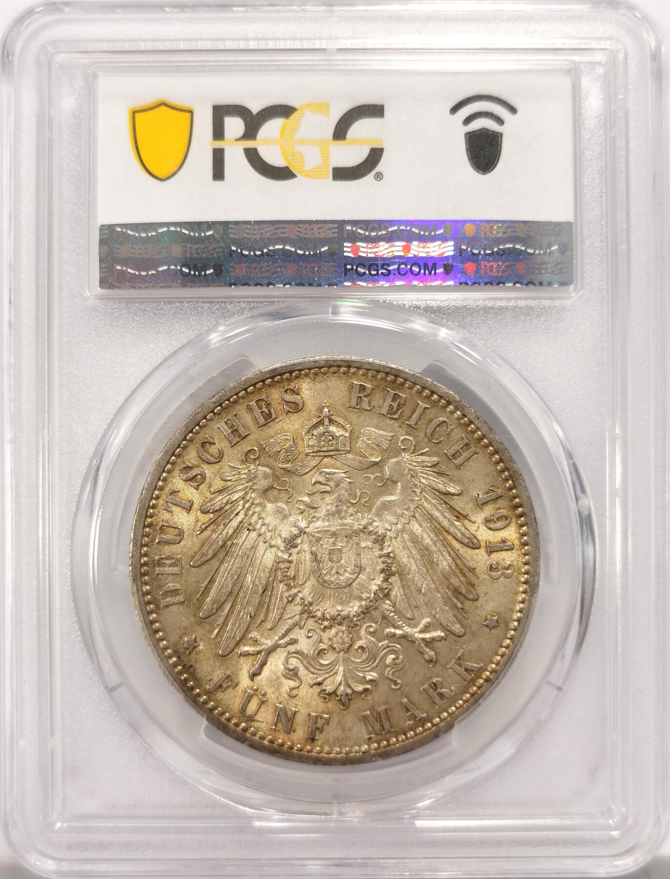博洋堂德系小专场暨第132期（全场包邮） PCGS MS64 德国汉堡自由市1913年流通5马克银币，金色包浆，状态极佳！