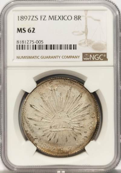 博洋堂德系小专场暨第132期（全场包邮） - NGC MS62 墨西哥花边鹰洋ZS 1897 FZ 8里亚尔 亚光静素 窖藏月牙彩