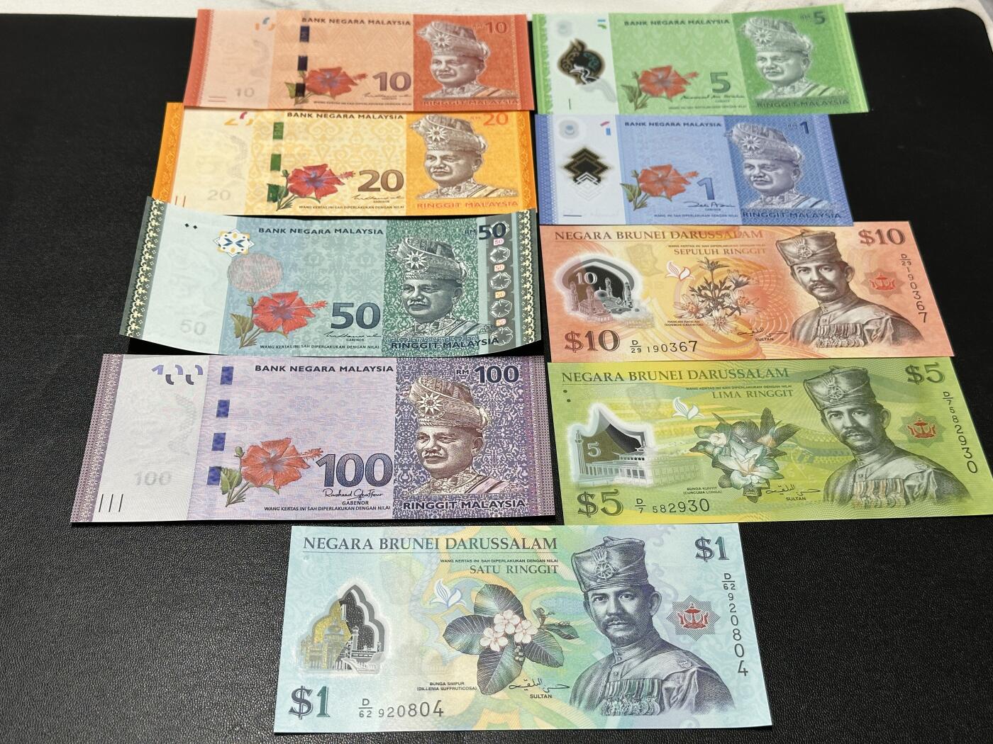 《外钞收藏家》第五百五十期（本期精选优质评级和丰富的裸币套币）（长期征集拍品、欢迎藏友们联系送拍合作） 马来西亚1-100林吉特+文莱1-10三张一起 9张 全新UNC