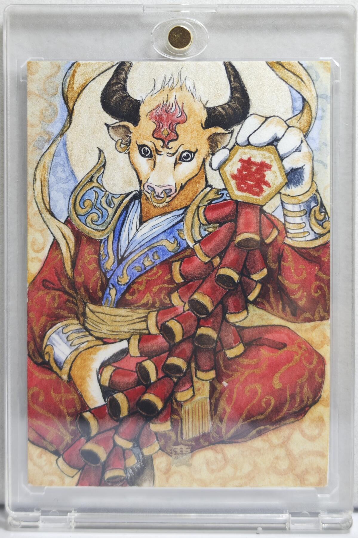 白泽拍卖卡牌手绘专场第21期（七月将残暑未收， 晚凉庭院独登楼） 2024 鹿屿文化手绘卡 牛魔王 眯眼猫亲签 卡砖封装
