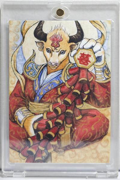 白泽拍卖卡牌手绘专场第21期（七月将残暑未收， 晚凉庭院独登楼） - 2024 鹿屿文化手绘卡 牛魔王 眯眼猫亲签 卡砖封装