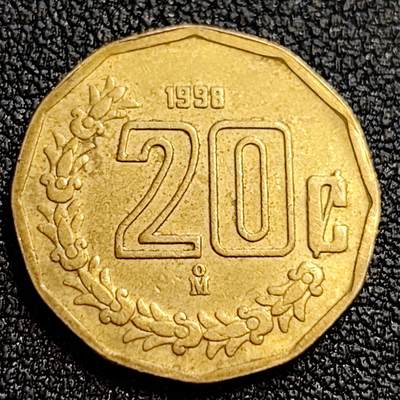 泉币菌-第62场-各国散币场 - 铜光美品墨西哥 20分 鹰蛇图案 玛雅文化
