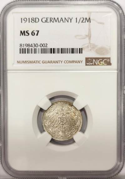博洋堂德系小专场暨第132期（全场包邮） - NGC MS67 德国德意志第二帝国1918年长翅鹰1/2马克银币