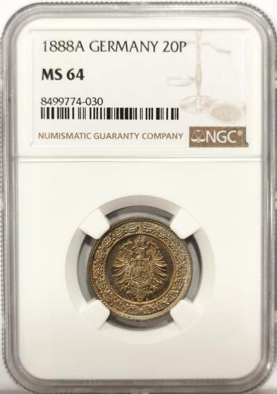 博洋堂德系小专场暨第132期（全场包邮） - NGC MS64 三皇之年！德国1888年短翅鹰20芬尼镍币