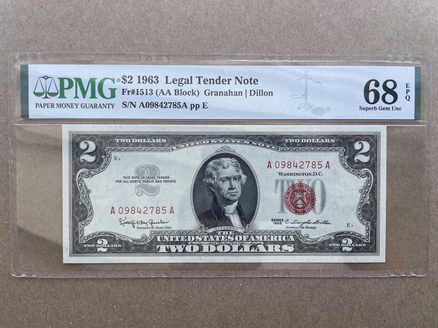 美国1963年政府券2美元和1957年B版白银券1美元超高分对钞 PMG68EPQ