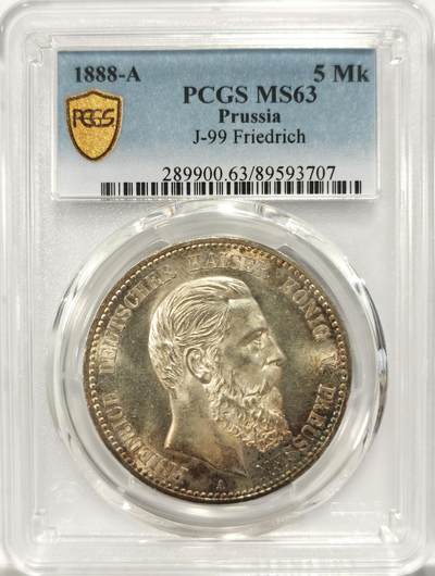 博洋堂德系小专场暨第132期（全场包邮） - PCGS MS63 德国普鲁士1888年弗里德里希三世短翅鹰5马克银币，环彩 ！