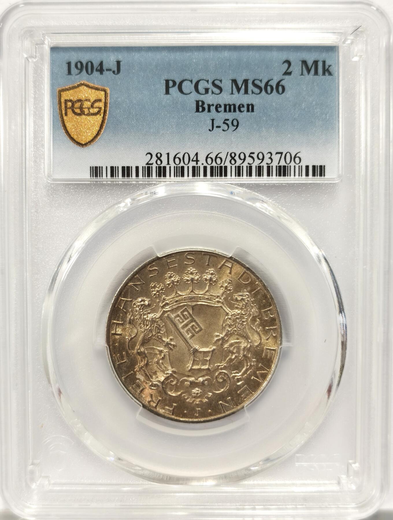 博洋堂德系小专场暨第132期（全场包邮） PCGS MS66 德国不莱梅自由市1904年2马克银币，淡金包浆，超高分！