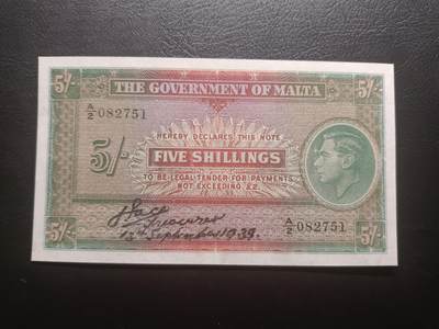2025七月第三期（总185期） - 英属马耳他1939年5先令UNC-个别区域略有掉墨，正面签名为手写，少见的英属辅币券品种
