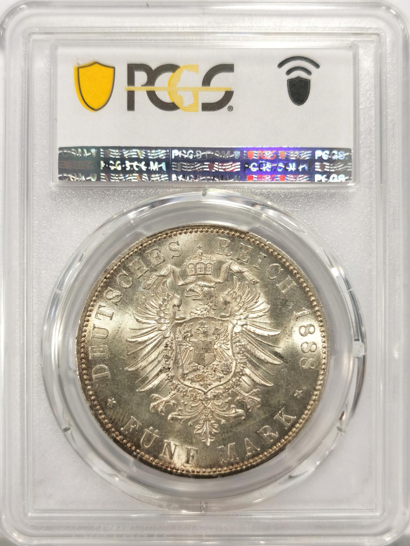 博洋堂德系小专场暨第132期（全场包邮） PCGS MS63 德国普鲁士1888年弗里德里希三世短翅鹰5马克银币，环彩 ！