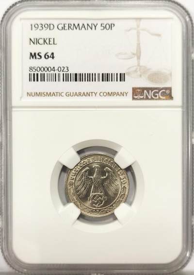 博洋堂德系小专场暨第132期（全场包邮） - NGC MS64 德国第三帝国1939年D版50芬尼镍币，传说中的回炉坦克币