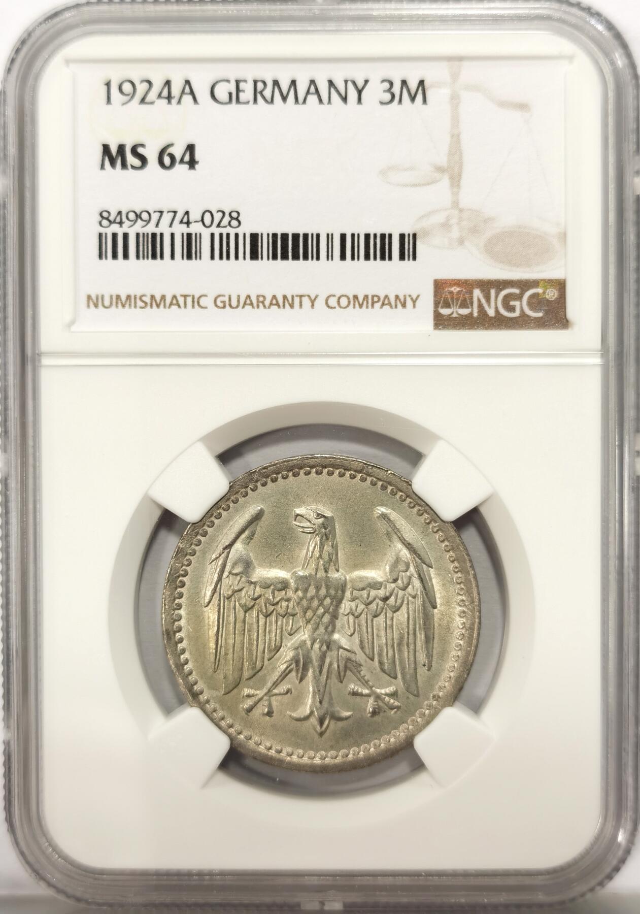 博洋堂德系小专场暨第132期（全场包邮） NGC MS64 德国魏玛共和国1924年3马克银币