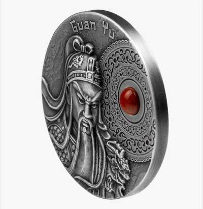 第167期拍卖【长期征集拍品】 -  纽埃2021, 中国龙虎将(1)-(战神)关羽, 2盎司超高浮雕仿古镶嵌珊瑚红玉银币. 盒证全. 龙头币(系列第一枚),中国元素.(原价320美元)