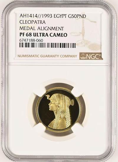 第167期拍卖【长期征集拍品】 - 埃及1993年埃及艳后纪念金币NGC-PF68，8.5克，含金量90%，编号6747188-060 ，材料5980元