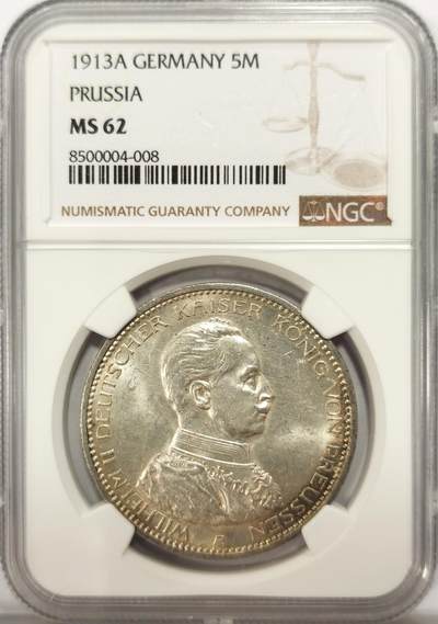 博洋堂德系小专场暨第132期（全场包邮） - NGC MS62 德国普鲁士1913年威廉二世军装5马克银币