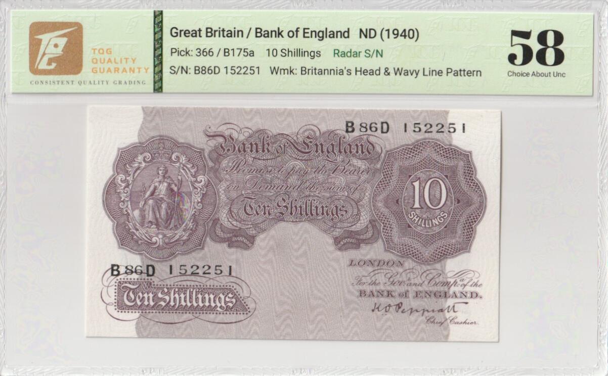 2025七月第三期（总185期） 英格兰战时A序列10先令TQG58分雷达号152251，有别于战前战后普通的红色版本用紫色印刷