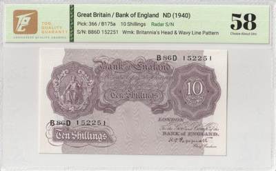 2025七月第三期（总185期） - 英格兰战时A序列10先令TQG58分雷达号152251，有别于战前战后普通的红色版本用紫色印刷