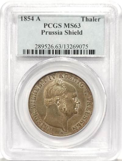 博洋堂德系小专场暨第132期（全场包邮） - PCGS MS63 少见盾徽版亚军分！德国普鲁士1854年威廉四世盾徽版1泰勒银币