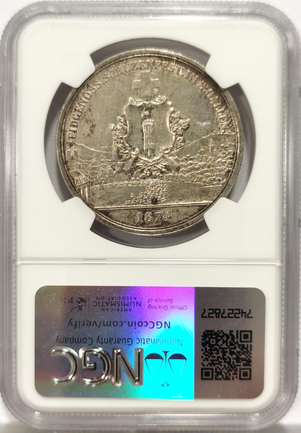博洋堂德系小专场暨第132期（全场包邮） NGC UNC 瑞士1874年射击节5法郎银币，细节好