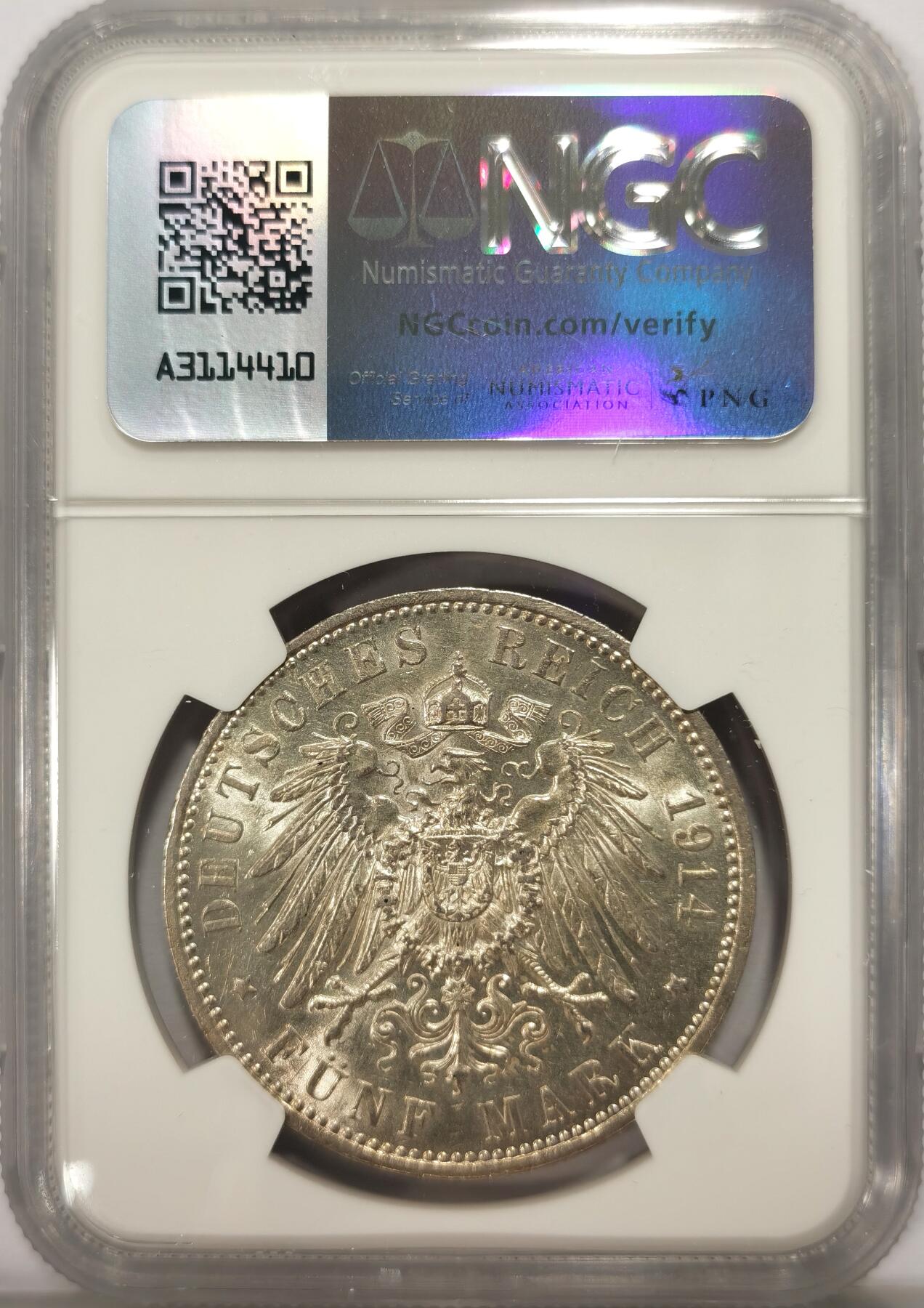 博洋堂德系小专场暨第132期（全场包邮） NGC AU55 德国普鲁士1914年威廉二世军装5马克银币