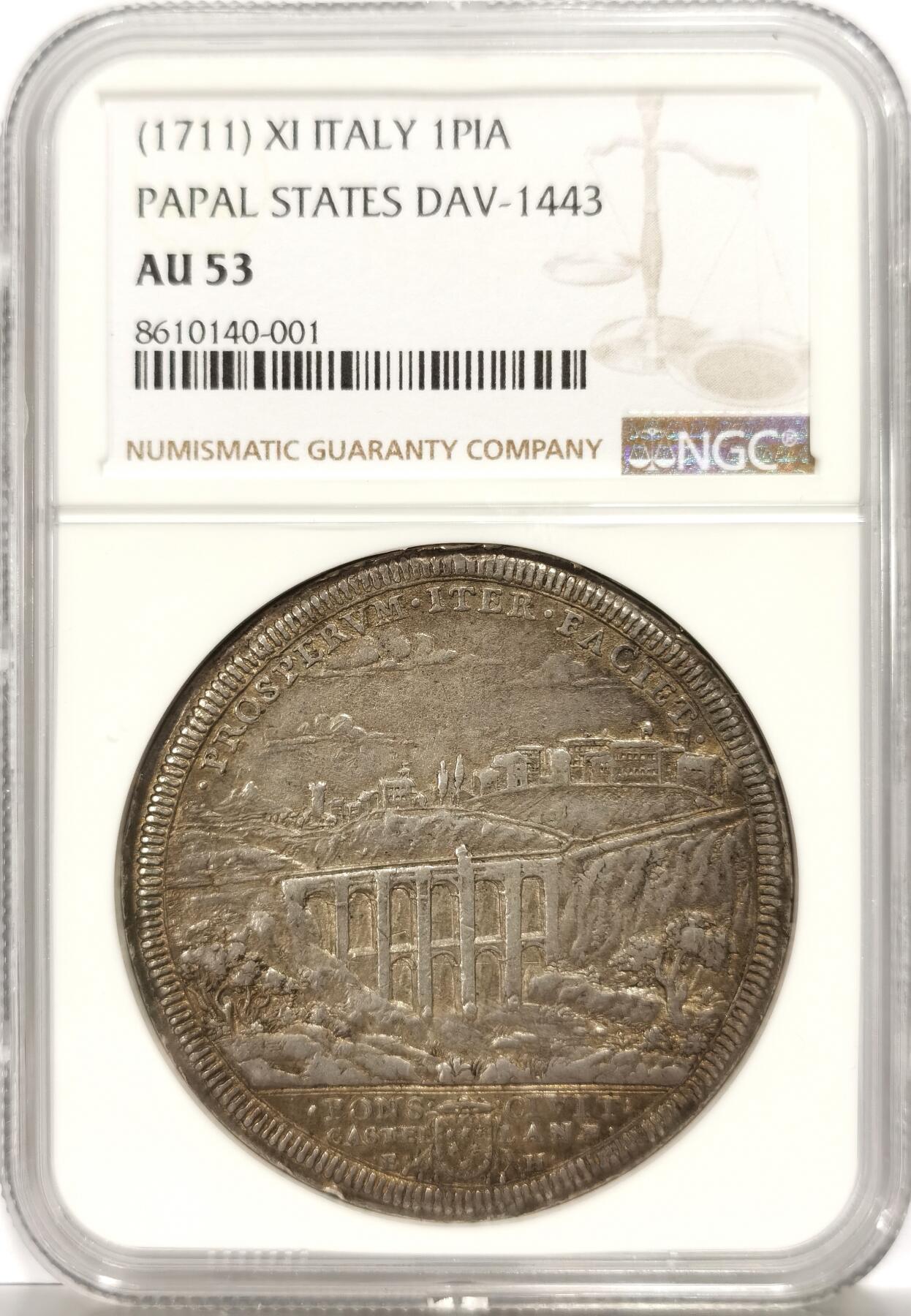 博洋堂德系小专场暨第132期（全场包邮） NGC AU53 1711年意大利地区教皇国PAPAL梵蒂冈1皮斯特大银币，书价很高，不是克书上标的15g，这个是二三十克的大银币
