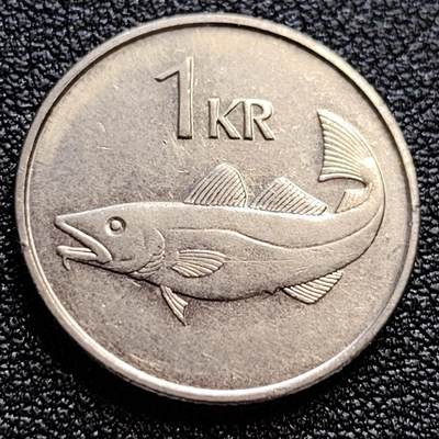 泉币菌-第61场-各国散币场 - 1989年 冰岛1克朗 大西洋鳕鱼 守护神 21.5mm