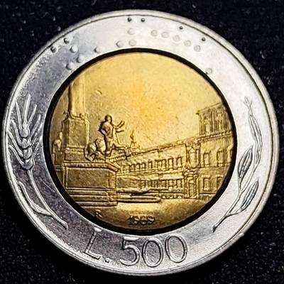 泉币菌-第62场-各国散币场 - 美品 世界首枚双色币 意大利1989年500里拉 罗马建筑雕像 广场 25.8mm