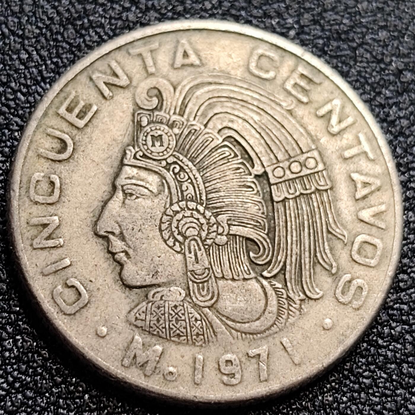 泉币菌-第61场-各国散币场 少见 墨西哥1971年50分铜镍币 阿兹特克文明 羽蛇神 25mm 