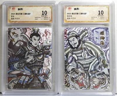 白泽拍卖卡牌手绘专场第21期（七月将残暑未收， 晚凉庭院独登楼） - 2025 昆仑万象 三国礼盒1 罗成，雄阔海 粗闪 卢艺丰绘2张 保粹评级 2张10分 特标