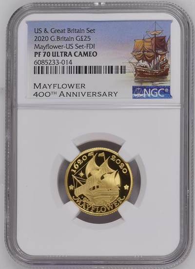 第167期拍卖【长期征集拍品】 - 英国2020年五月花400周年25镑金币NGC-PF70。首日发行。999金，7.8克，材料价6097元