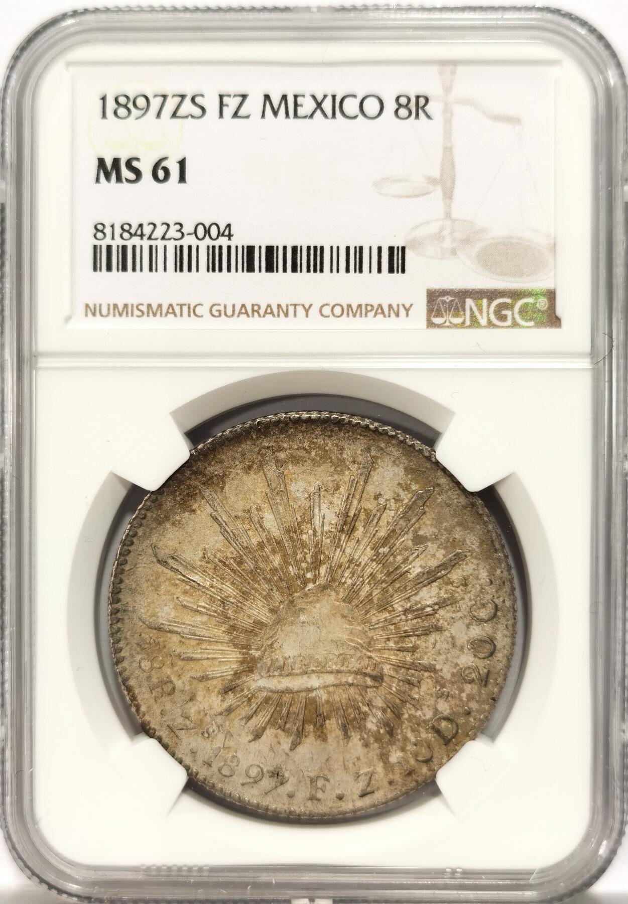 博洋堂德系小专场暨第132期（全场包邮） NGC MS61 墨西哥1897年ZS FZ版花边鹰洋，关门年份，原味窖藏五彩