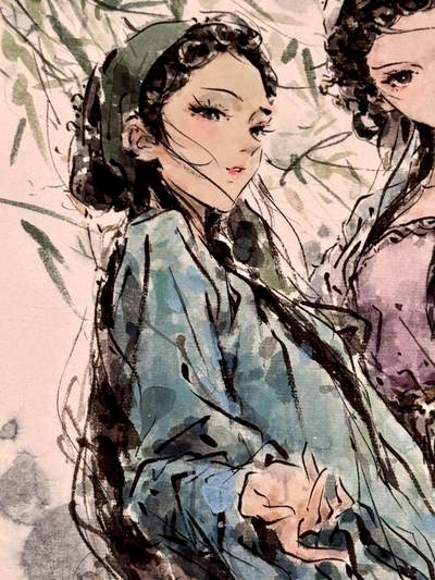 白泽拍卖卡牌手绘专场第21期（七月将残暑未收， 晚凉庭院独登楼） 2025 迟迟手绘画 青白娘子 尺寸：25cm*36cm