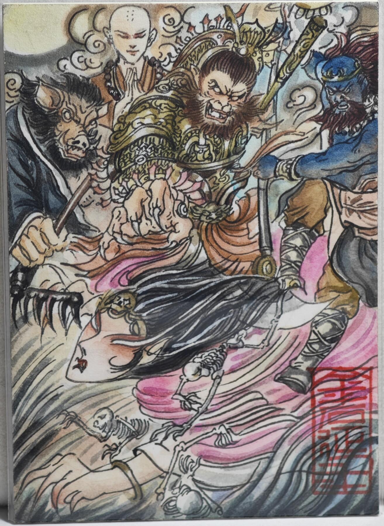 白泽拍卖卡牌手绘专场第21期（七月将残暑未收， 晚凉庭院独登楼） 2024 花枪手绘卡 三打白骨精 梓墨亲签