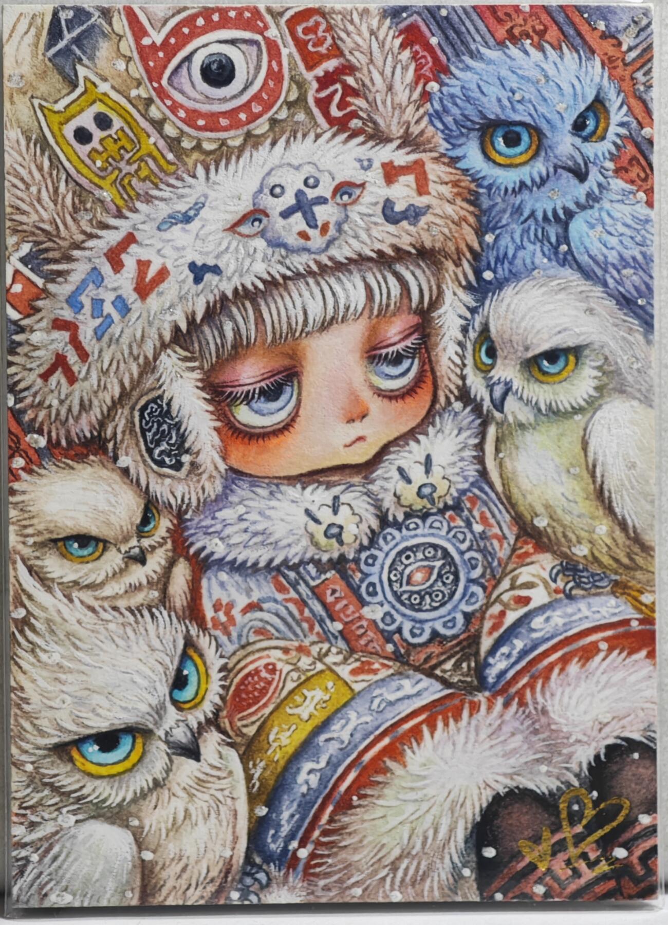 白泽拍卖卡牌手绘专场第21期（七月将残暑未收， 晚凉庭院独登楼） 2024 羽落凡尘手绘卡 猫头鹰小孩 时光亲签