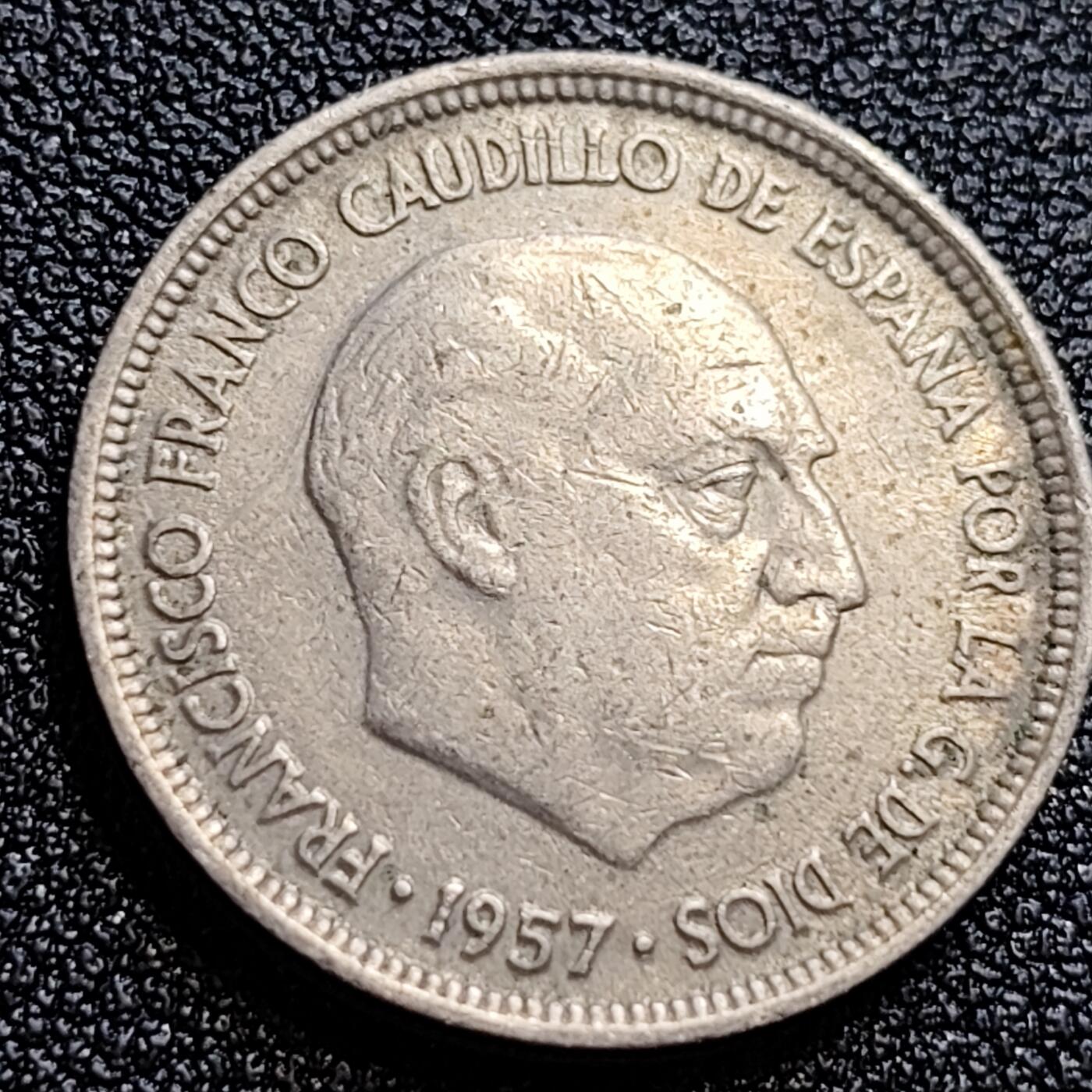 泉币菌-第65场-精品场 西班牙1957年 5比塞塔镍币 弗朗哥  23mm  
